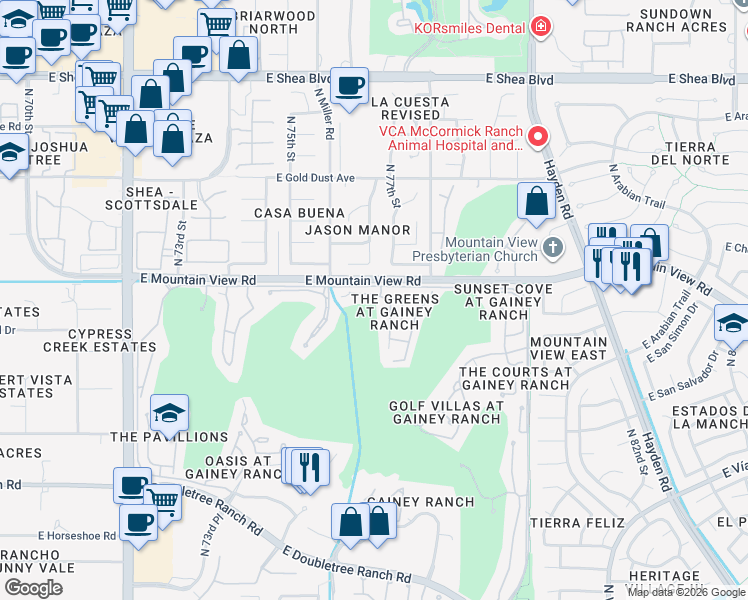 map of restaurants, bars, coffee shops, grocery stores, and more near 7525 East Gainey Ranch Road in Scottsdale