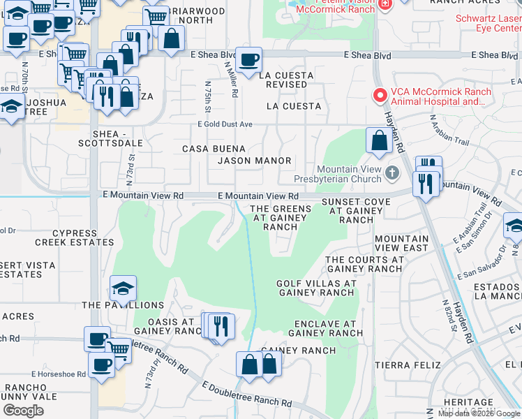 map of restaurants, bars, coffee shops, grocery stores, and more near 7525 East Gainey Ranch Road in Scottsdale
