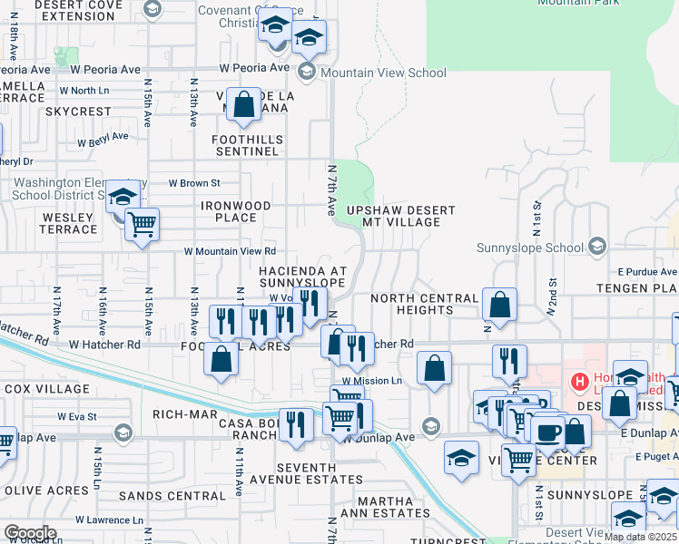 map of restaurants, bars, coffee shops, grocery stores, and more near 9630 North 7th Avenue in Phoenix