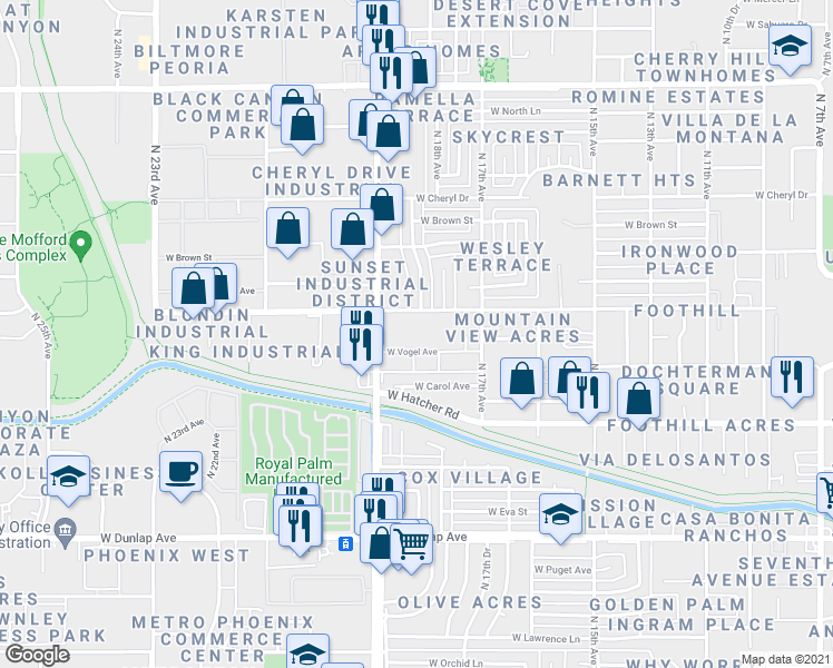map of restaurants, bars, coffee shops, grocery stores, and more near 1809 West Mountain View Road in Phoenix