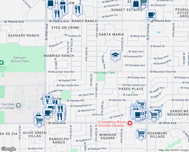 map of restaurants, bars, coffee shops, grocery stores, and more near 9728 North 55th Avenue in Glendale