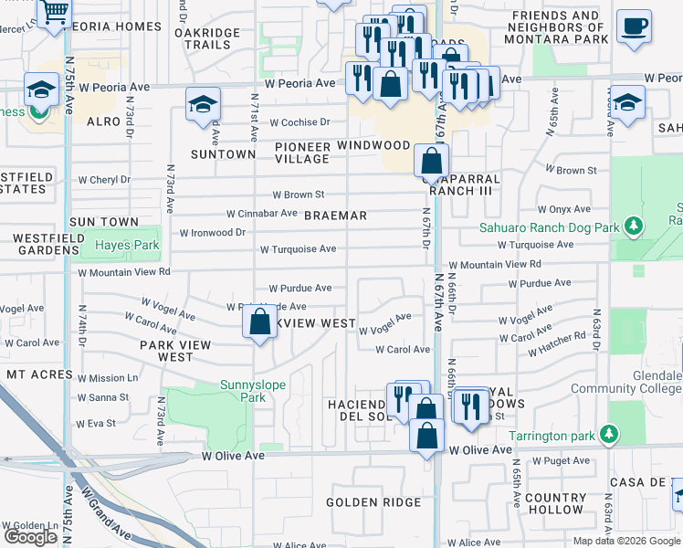 map of restaurants, bars, coffee shops, grocery stores, and more near 6902 West Mountain View Road in Peoria