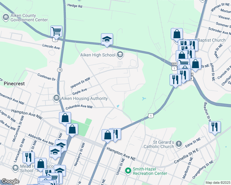 map of restaurants, bars, coffee shops, grocery stores, and more near 180 Claflin Drive in Aiken