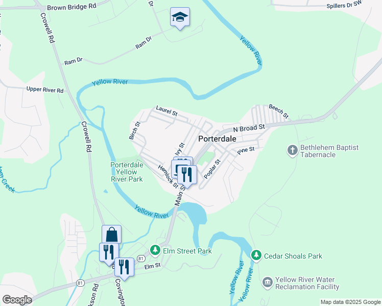 map of restaurants, bars, coffee shops, grocery stores, and more near 8 Hazel Street in Porterdale