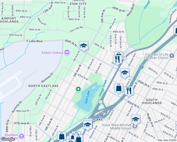 map of restaurants, bars, coffee shops, grocery stores, and more near 8401 4th Avenue North in Birmingham