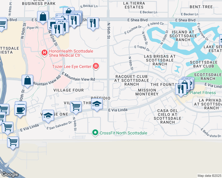 map of restaurants, bars, coffee shops, grocery stores, and more near 9705 East Mountain View Road in Scottsdale