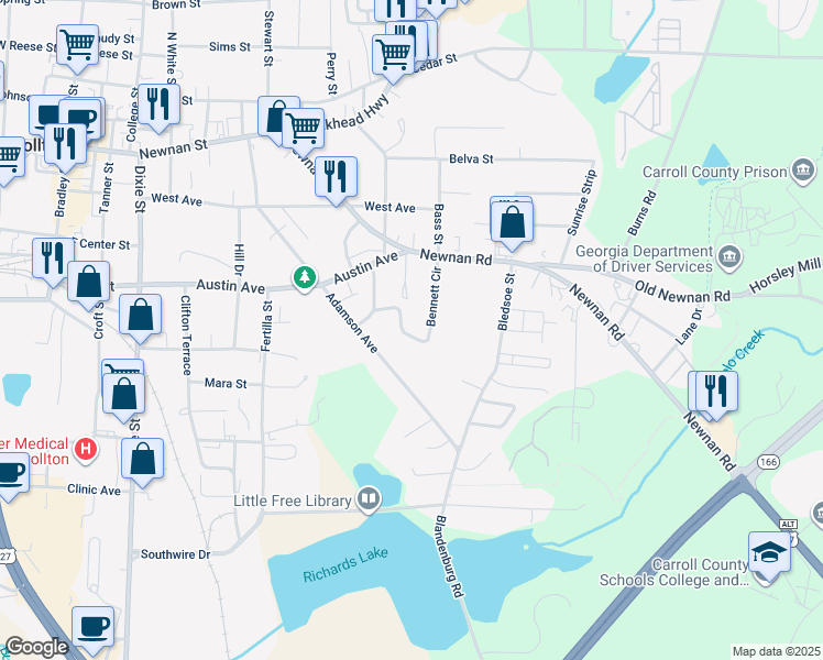 map of restaurants, bars, coffee shops, grocery stores, and more near 211 Bennett Circle in Carrollton