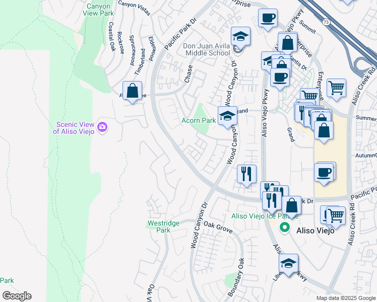 map of restaurants, bars, coffee shops, grocery stores, and more near 18 Bryce Canyon in Aliso Viejo