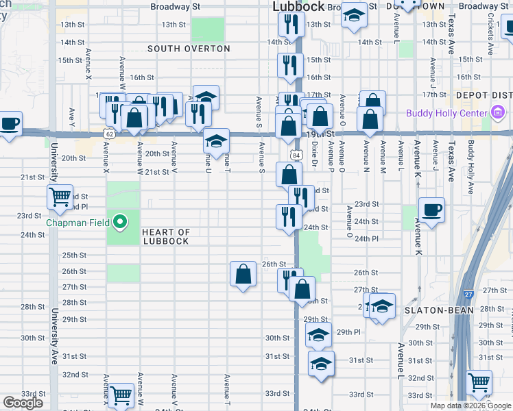 map of restaurants, bars, coffee shops, grocery stores, and more near 1904 23rd Street in Lubbock