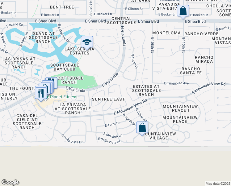 map of restaurants, bars, coffee shops, grocery stores, and more near 9722 North 105th Place in Scottsdale