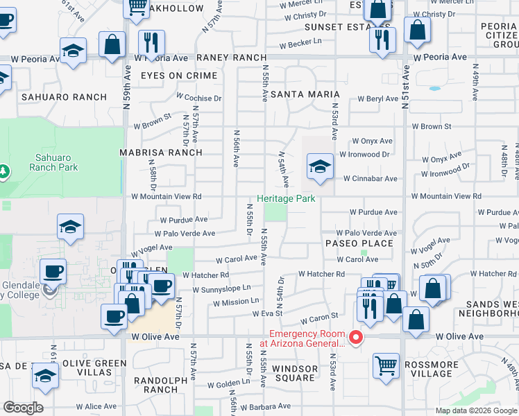 map of restaurants, bars, coffee shops, grocery stores, and more near 9728 North 55th Avenue in Glendale