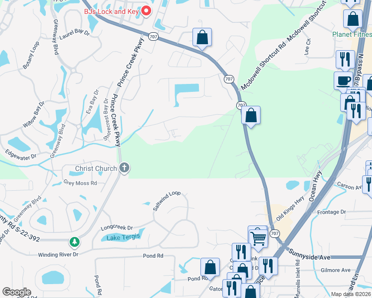 map of restaurants, bars, coffee shops, grocery stores, and more near 11200 Betts Rd in Murrells Inlet