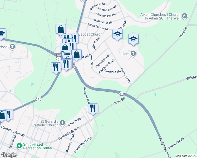 map of restaurants, bars, coffee shops, grocery stores, and more near 130 Brentwood Place Northeast in Aiken