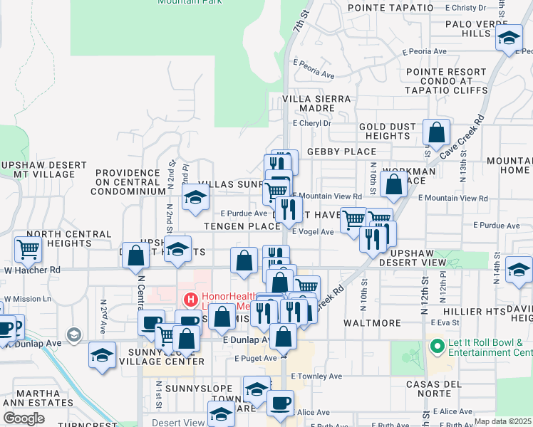 map of restaurants, bars, coffee shops, grocery stores, and more near 520 East Purdue Avenue in Phoenix