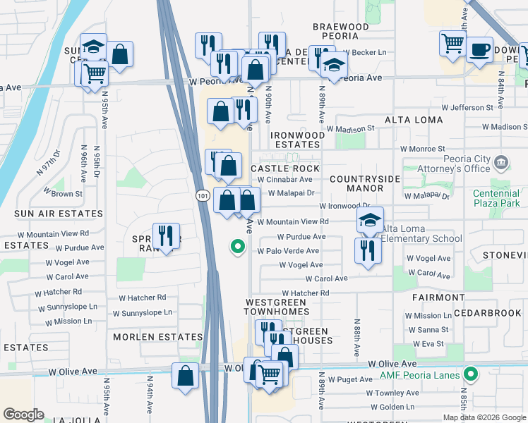 map of restaurants, bars, coffee shops, grocery stores, and more near 9026 West Ironwood Drive in Peoria