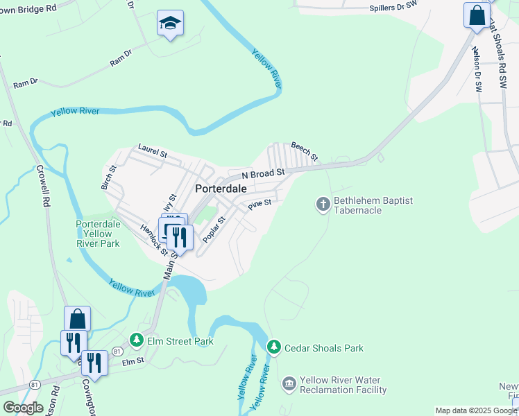 map of restaurants, bars, coffee shops, grocery stores, and more near 13 Poplar-Pine in Porterdale