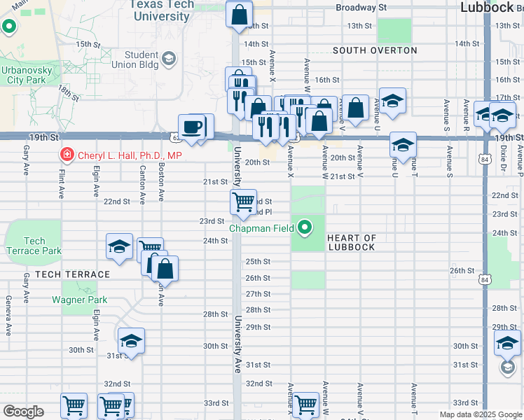map of restaurants, bars, coffee shops, grocery stores, and more near 2425 22nd Street in Lubbock