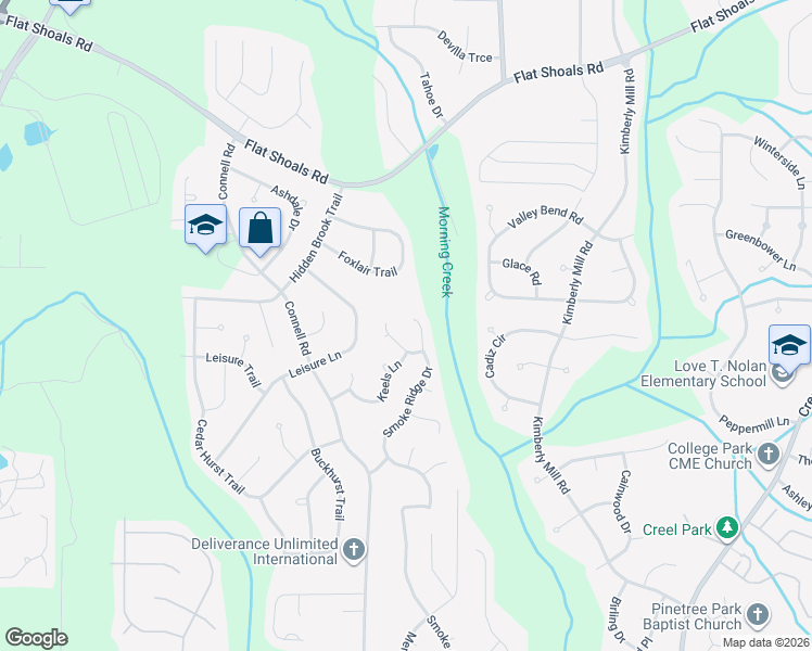 map of restaurants, bars, coffee shops, grocery stores, and more near 6575 Smoke Ridge Drive in Atlanta