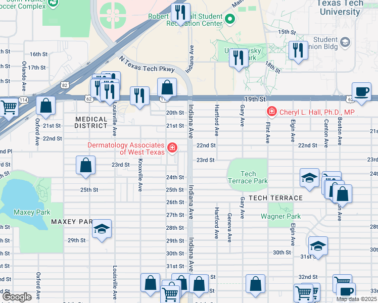 map of restaurants, bars, coffee shops, grocery stores, and more near 2216 22nd Place in Lubbock