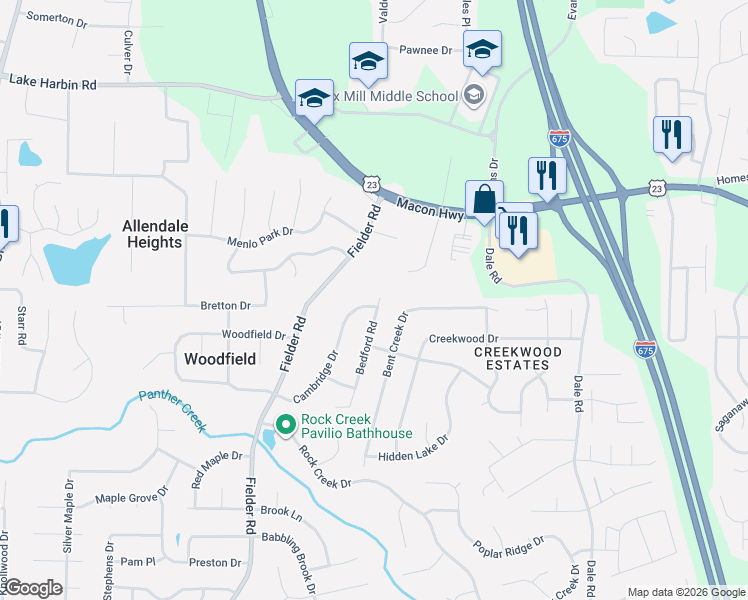 map of restaurants, bars, coffee shops, grocery stores, and more near 6602 Bedford Road in Rex