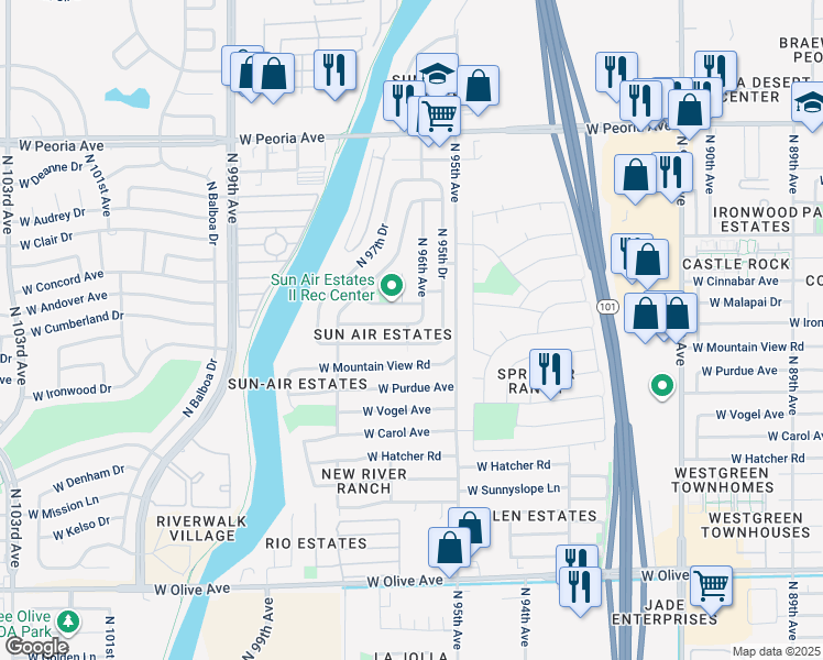 map of restaurants, bars, coffee shops, grocery stores, and more near 9614A West Cinnabar Avenue in Peoria