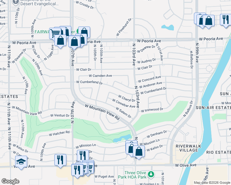 map of restaurants, bars, coffee shops, grocery stores, and more near 10417 West Cumberland Drive in Sun City