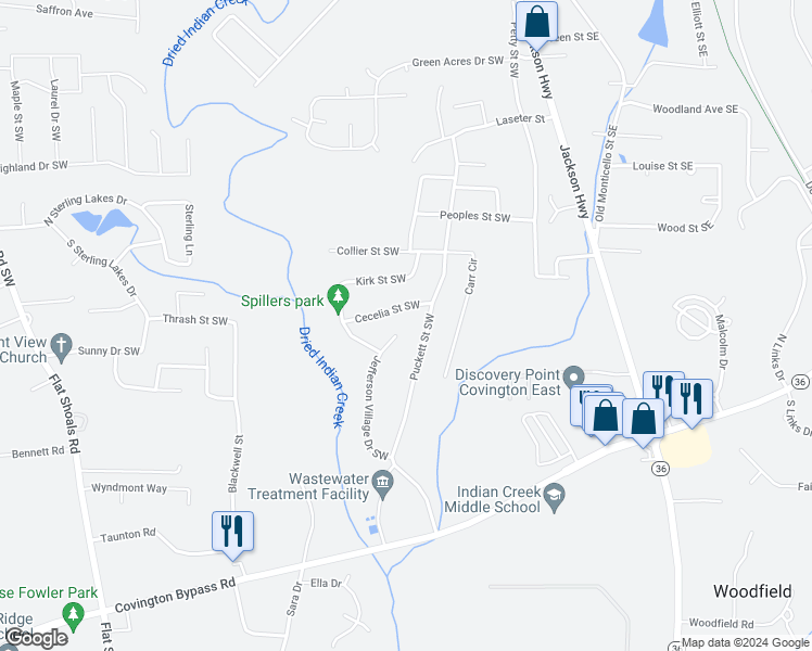 map of restaurants, bars, coffee shops, grocery stores, and more near 9100 Jefferson Village Drive Southwest in Covington