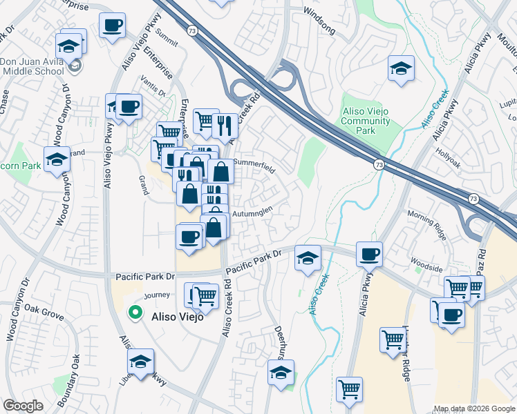 map of restaurants, bars, coffee shops, grocery stores, and more near 30 Fuchsia in Aliso Viejo