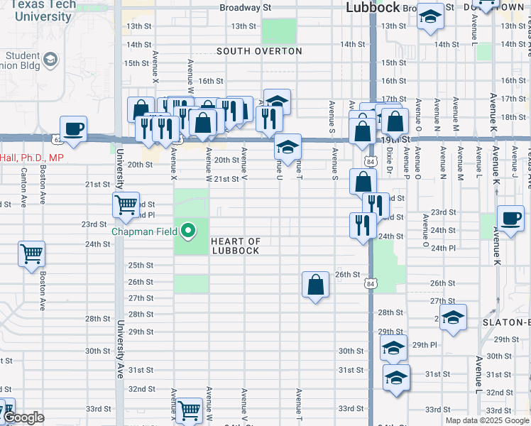 map of restaurants, bars, coffee shops, grocery stores, and more near 2110 23rd Street in Lubbock
