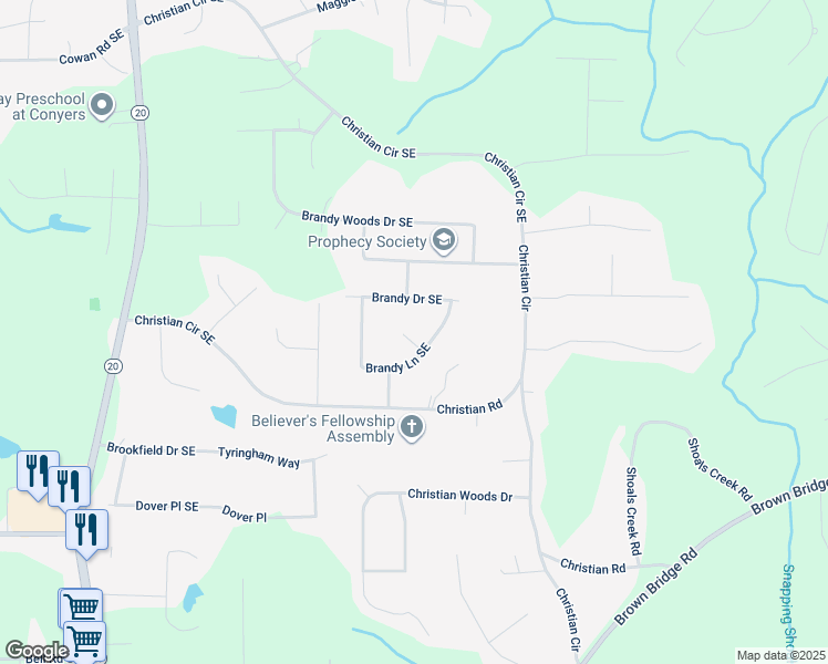 map of restaurants, bars, coffee shops, grocery stores, and more near 1780 Brandywine Court Southeast in Conyers