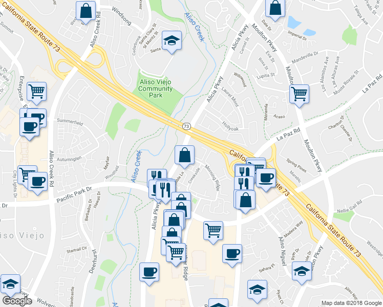map of restaurants, bars, coffee shops, grocery stores, and more near 67 Abbeywood Lane in Aliso Viejo
