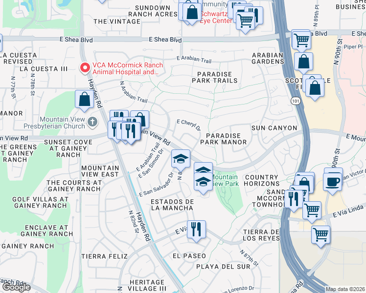 map of restaurants, bars, coffee shops, grocery stores, and more near 8367 East Thoroughbred Trail in Scottsdale