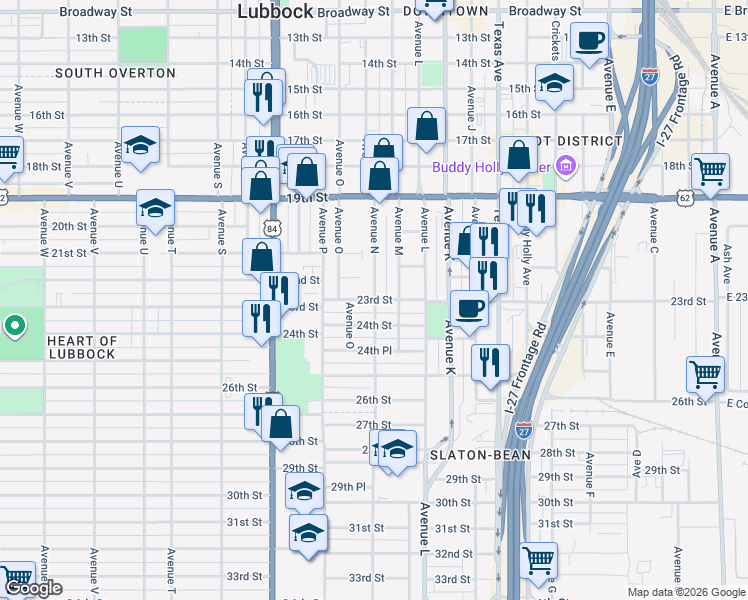 map of restaurants, bars, coffee shops, grocery stores, and more near 1508 23rd St in Lubbock