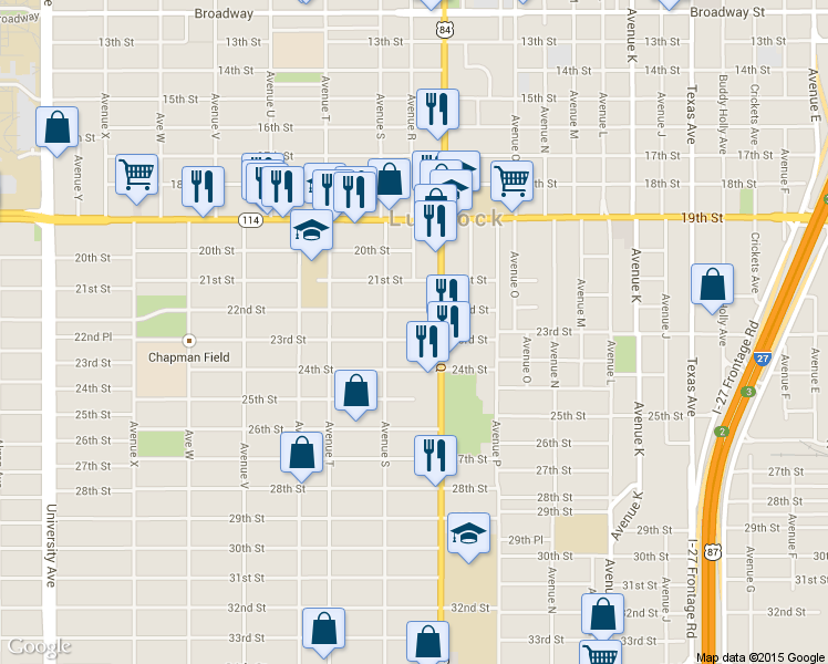 map of restaurants, bars, coffee shops, grocery stores, and more near 2202 Avenue Q in Lubbock