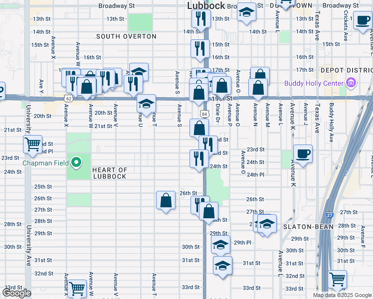 map of restaurants, bars, coffee shops, grocery stores, and more near 1901 22nd Street in Lubbock