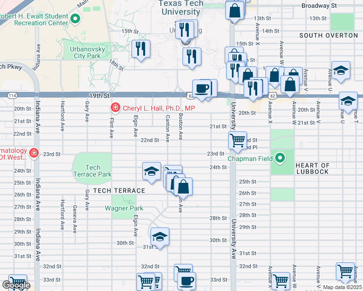 map of restaurants, bars, coffee shops, grocery stores, and more near 2701 22nd Street in Lubbock