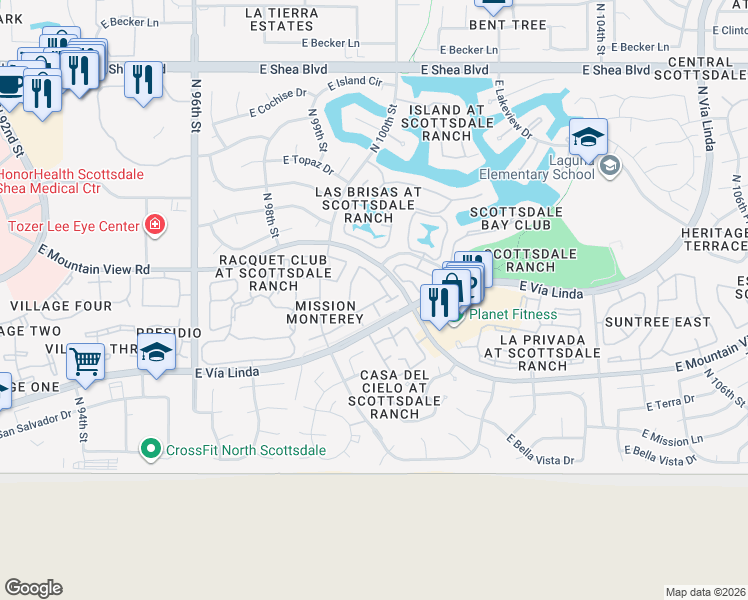 map of restaurants, bars, coffee shops, grocery stores, and more near 10015 East Mountain View Road in Scottsdale