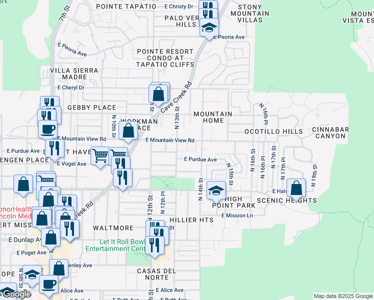 map of restaurants, bars, coffee shops, grocery stores, and more near 1321 East Mountain View Road in Phoenix