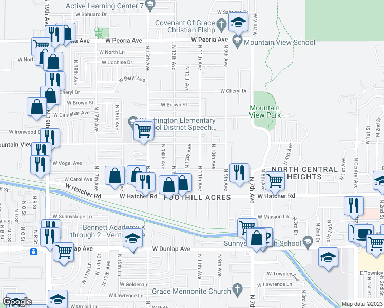 map of restaurants, bars, coffee shops, grocery stores, and more near 9639 North 12th Avenue in Phoenix