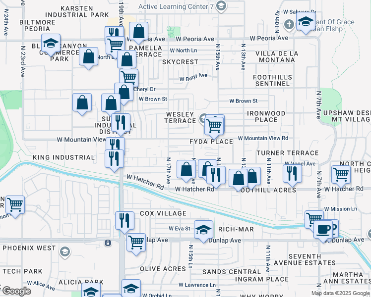 map of restaurants, bars, coffee shops, grocery stores, and more near 1601 West Mountain View Road in Phoenix