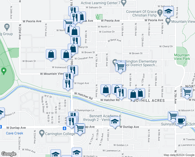 map of restaurants, bars, coffee shops, grocery stores, and more near 1637 West Mountain View Road in Phoenix