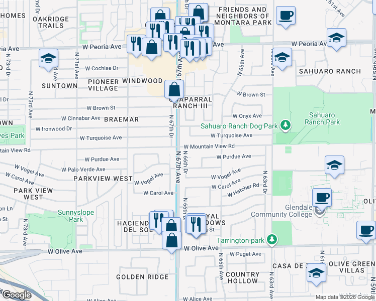map of restaurants, bars, coffee shops, grocery stores, and more near 6602 West Mountain View Road in Glendale