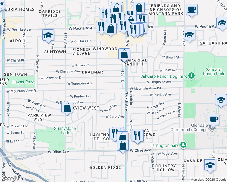 map of restaurants, bars, coffee shops, grocery stores, and more near 6742 West Mountain View Road in Peoria