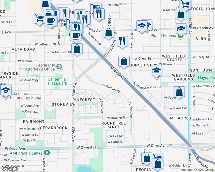 map of restaurants, bars, coffee shops, grocery stores, and more near Whitney Drive in Peoria
