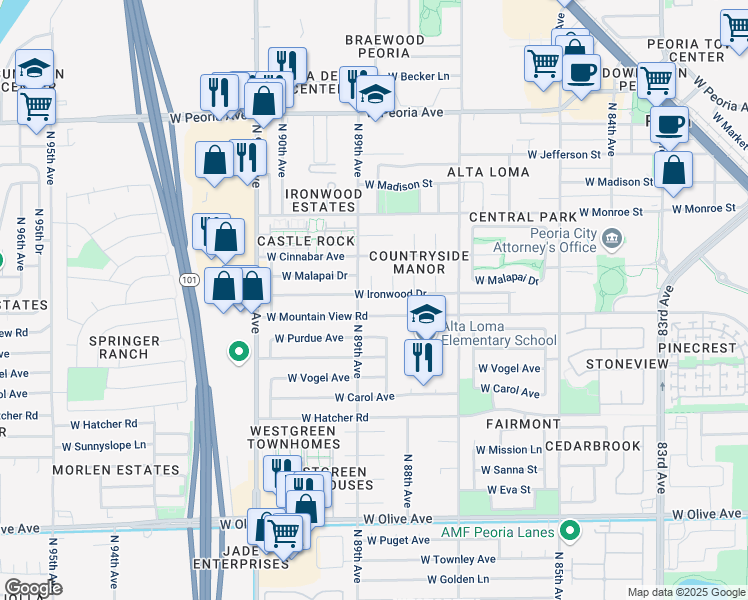 map of restaurants, bars, coffee shops, grocery stores, and more near 9904 North 88th Avenue in Peoria