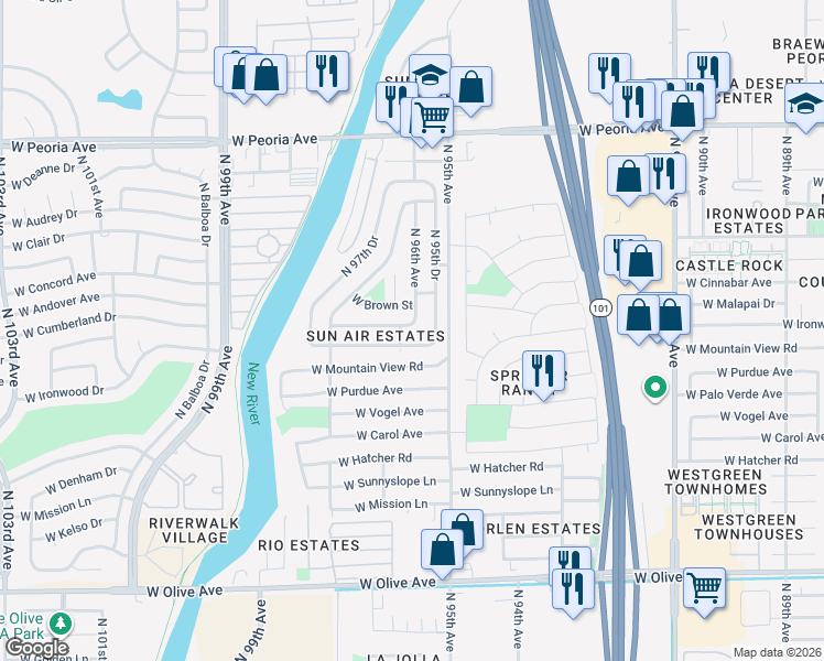 map of restaurants, bars, coffee shops, grocery stores, and more near 9614A West Cinnabar Avenue in Peoria