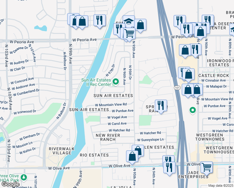 map of restaurants, bars, coffee shops, grocery stores, and more near 9614A West Cinnabar Avenue in Peoria