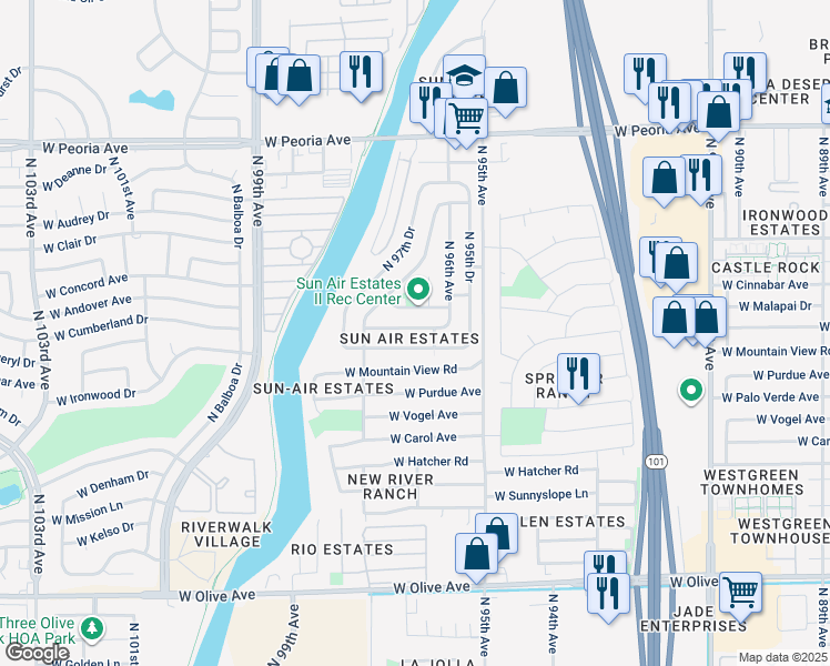 map of restaurants, bars, coffee shops, grocery stores, and more near 9614A West Cinnabar Avenue in Peoria