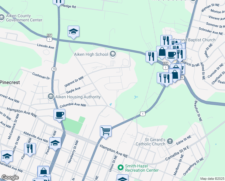 map of restaurants, bars, coffee shops, grocery stores, and more near 180 Claflin Drive in Aiken