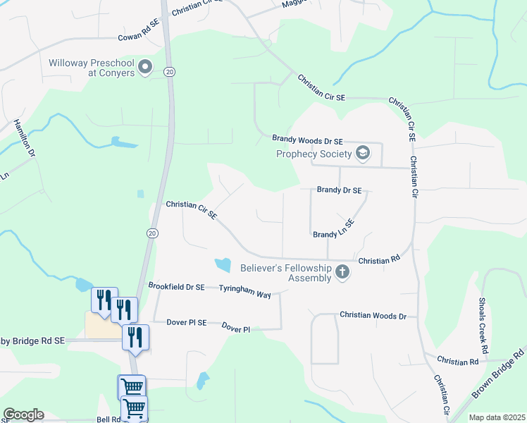 map of restaurants, bars, coffee shops, grocery stores, and more near 1296 Carman Court Southeast in Conyers